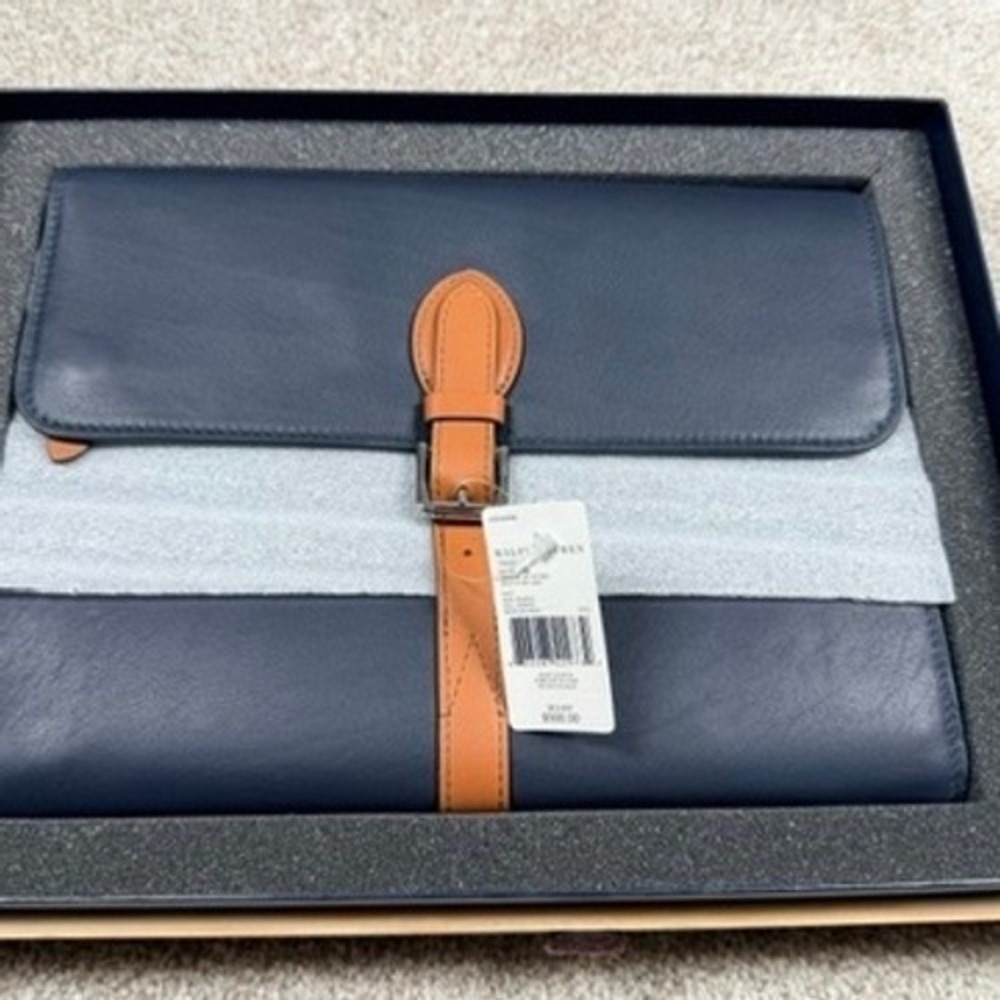 Ralph Lauren Toledo Travel Case Bag Navy Tan Leather Jewelry Watch Document $500